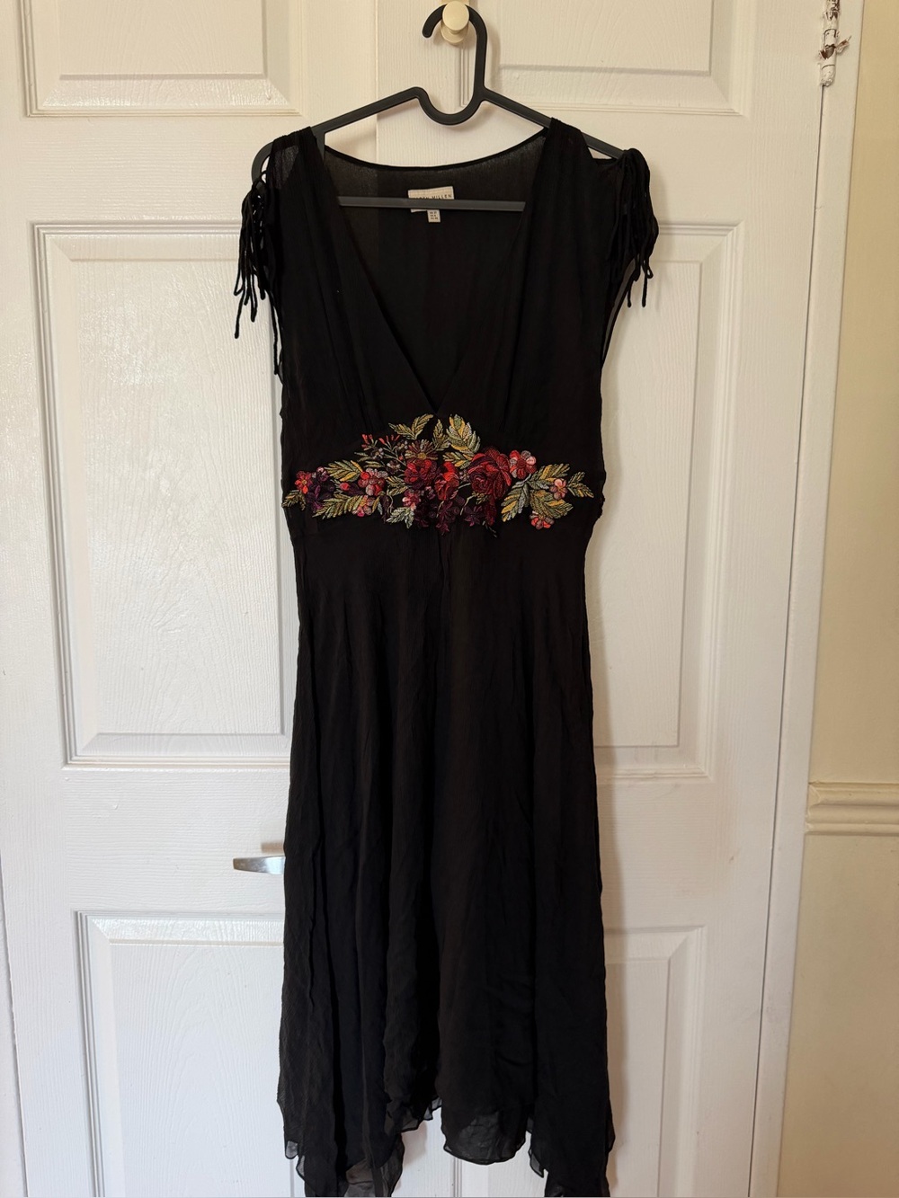 Karen Millen Black Midi Dress with Red & Green Embroidery